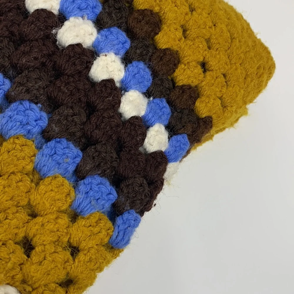 Vintage Crochet Knitted Throw Blanket | Mustard Yellow Blue & Brown Decor Colors
